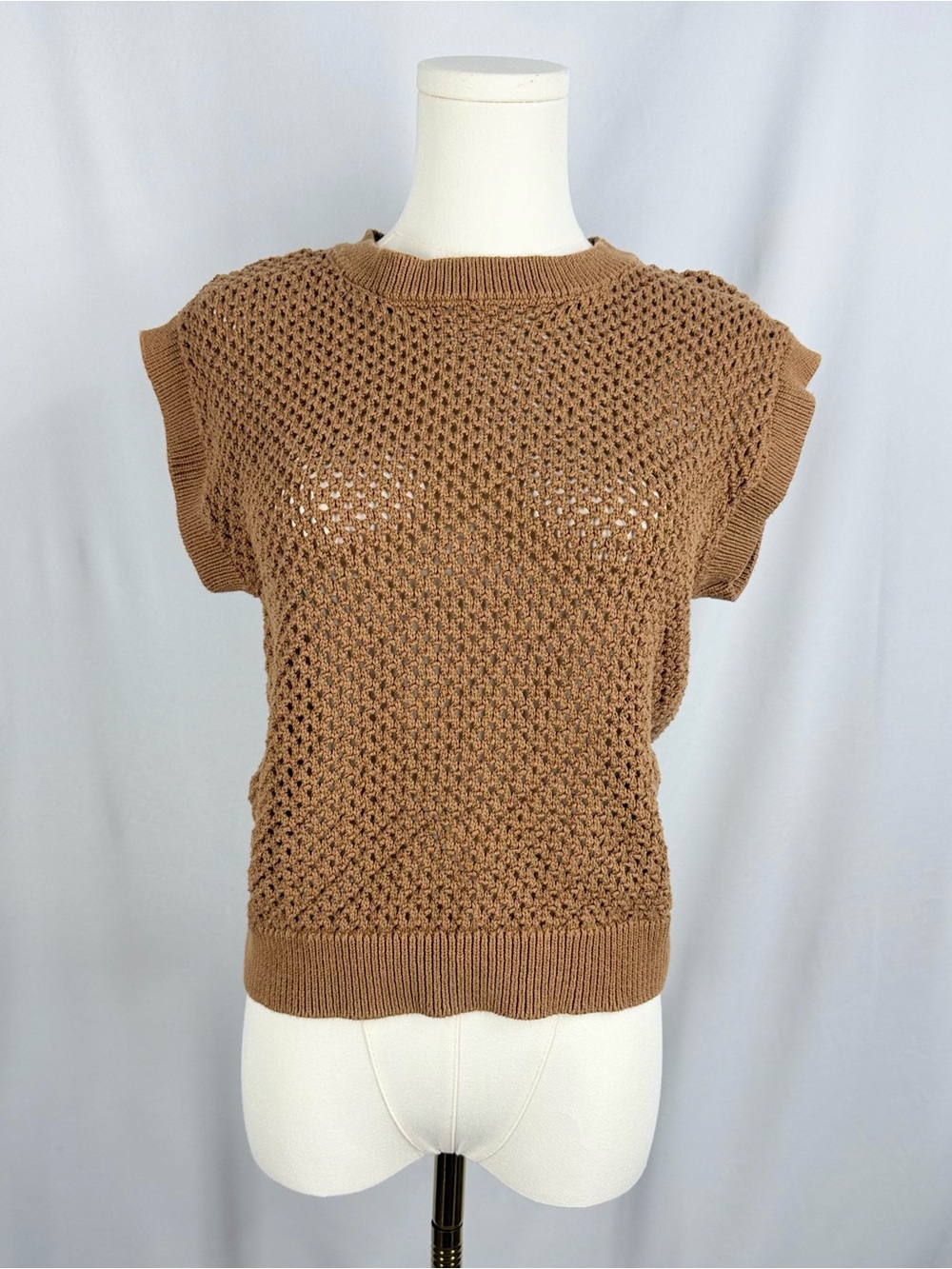Sanctuary Women Medium Brown Crochet OpenKnit Sweater Vest Sleeveless Top Cotton